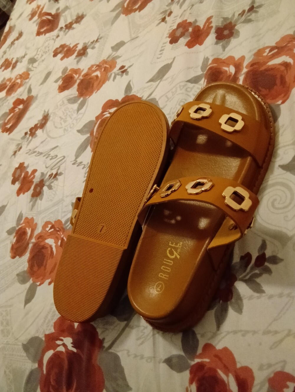 Rouge! Tan Brown Slide Sandals with Gold Accents.